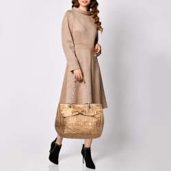 Pre Owned CH Carolina Herrera Gold Monogram Embossed Leather Audrey Tote