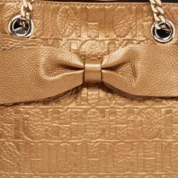 Pre Owned CH Carolina Herrera Gold Monogram Embossed Leather Audrey Tote