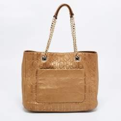Pre Owned CH Carolina Herrera Gold Monogram Embossed Leather Audrey Tote