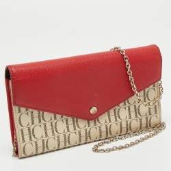 Pre Owned CH Carolina Herrera White/Red Monogram Coated Canvas and Leather Wallet On Chain