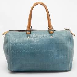Pre Owned CH Carolina Herrera Blue Monogram Leather Andy Boston Bag