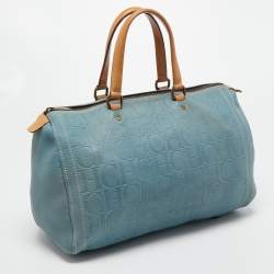 Pre Owned CH Carolina Herrera Blue Monogram Leather Andy Boston Bag