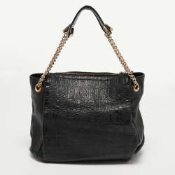 Pre Owned Carolina Herrera Black Monogram Embossed Leather Zip Shoulder Bag