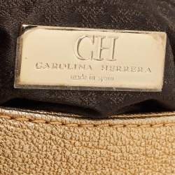 Pre Owned Carolina Herrera Gold Monogram Embossed Leather Bow Flap Shoulder Bag