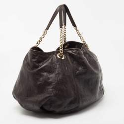 Pre Owned Carolina Herrera Dark Brown Monogram Embossed Leather Poppy Chain Hobo