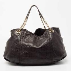 Pre Owned Carolina Herrera Dark Brown Monogram Embossed Leather Poppy Chain Hobo