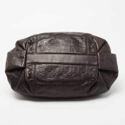 Pre Owned Carolina Herrera Dark Brown Monogram Embossed Leather Poppy Chain Hobo