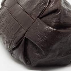 Pre Owned Carolina Herrera Dark Brown Monogram Embossed Leather Poppy Chain Hobo