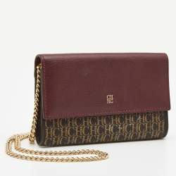 Carolina Herrera Burgundy/Beige Monogram Coated Canvas and Leather Flap Wallet on Chain