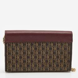Carolina Herrera Burgundy/Beige Monogram Coated Canvas and Leather Flap Wallet on Chain