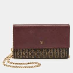Carolina Herrera Burgundy/Beige Monogram Coated Canvas and Leather Flap Wallet on Chain