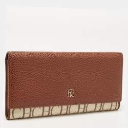 Carolina Herrera Brown/White Monogram Print Coated Canvas and Leather Flap Continental Wallet