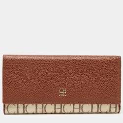 Carolina Herrera Brown/White Monogram Print Coated Canvas and Leather Flap Continental Wallet