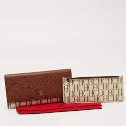 Carolina Herrera Brown/White Monogram Print Coated Canvas and Leather Flap Continental Wallet