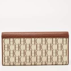 Carolina Herrera Brown/White Monogram Print Coated Canvas and Leather Flap Continental Wallet