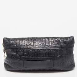 Pre Owned Carolina Herrera Black Monogram Embossed Leather Bow Chain Clutch