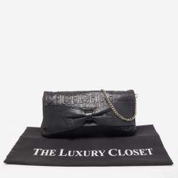 Pre Owned Carolina Herrera Black Monogram Embossed Leather Bow Chain Clutch