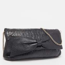 Pre Owned Carolina Herrera Black Monogram Embossed Leather Bow Chain Clutch