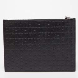 Pre Owned Carolina Herrera Black Monogram Embossed Leather Zip Wristlet Pouch