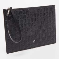 Pre Owned Carolina Herrera Black Monogram Embossed Leather Zip Wristlet Pouch