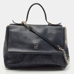 Pre Owned Carolina Herrera Navy Blue Leather Minueto Flap Bag