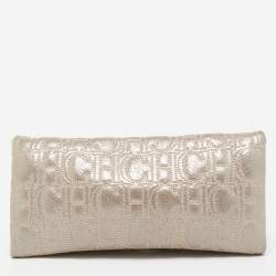 Pre Owned Carolina Herrera Grey Monogram Shimmer Suede Flap Clutch