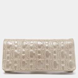 Pre Owned Carolina Herrera Grey Monogram Shimmer Suede Flap Clutch