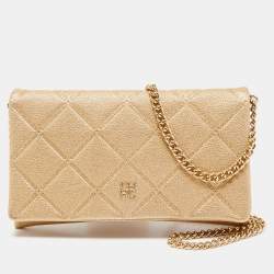 Pre Owned Carolina Herrera Beige Quilted Leather Flap Chain Clutch
