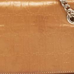 Pre Owned  Carolina Herrera Gold Quilted and Monogram Embossed Leather Flap Shoulder Bag 