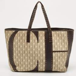  Carolina Herrera Beige/Brown Monogram Canvas and Leather Studded Shopper Tote