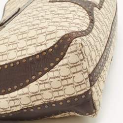  Carolina Herrera Beige/Brown Monogram Canvas and Leather Studded Shopper Tote