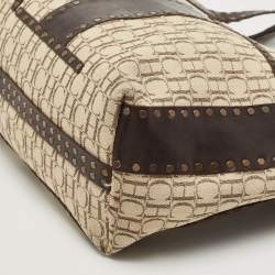  Carolina Herrera Beige/Brown Monogram Canvas and Leather Studded Shopper Tote