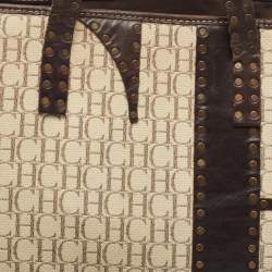  Carolina Herrera Beige/Brown Monogram Canvas and Leather Studded Shopper Tote
