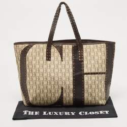  Carolina Herrera Beige/Brown Monogram Canvas and Leather Studded Shopper Tote