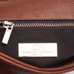 Pre Owned Carolina Herrera Brown Leather Logo Metal Flap Chain Clutch