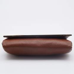 Pre Owned Carolina Herrera Brown Leather Logo Metal Flap Chain Clutch