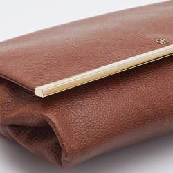 Pre Owned Carolina Herrera Brown Leather Logo Metal Flap Chain Clutch