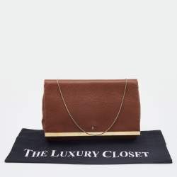 Pre Owned Carolina Herrera Brown Leather Logo Metal Flap Chain Clutch