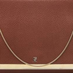 Pre Owned Carolina Herrera Brown Leather Logo Metal Flap Chain Clutch