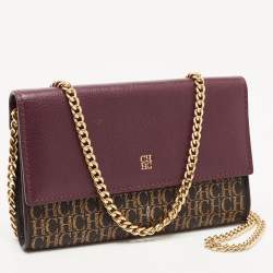 Carolina Herrera Burgundy/Brown Monogram Coated Canvas and Leather Flap Wallet on Chain