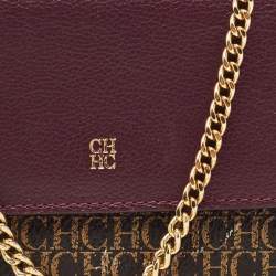 Carolina Herrera Burgundy/Brown Monogram Coated Canvas and Leather Flap Wallet on Chain