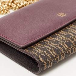 Carolina Herrera Burgundy/Brown Monogram Coated Canvas and Leather Flap Wallet on Chain