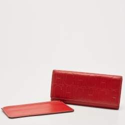 Carolina Herrera Red Monogram Embossed Leather Flap Continental Wallet