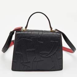 Carolina Herrera Black Embossed Leather Pushlock Flap Top Handle Bag