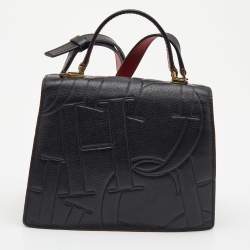 Carolina Herrera Black Embossed Leather Pushlock Flap Top Handle Bag