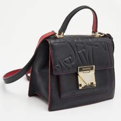 Carolina Herrera Black Embossed Leather Pushlock Flap Top Handle Bag