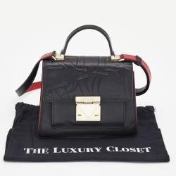 Carolina Herrera Black Embossed Leather Pushlock Flap Top Handle Bag