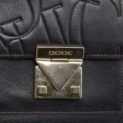 Carolina Herrera Black Embossed Leather Pushlock Flap Top Handle Bag