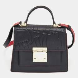 Carolina Herrera Black Embossed Leather Pushlock Flap Top Handle Bag