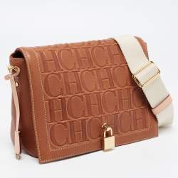 Pre Owned  Carolina Herrera Brown Monogram Leather Medium Andy Locked Crossbody Bag 